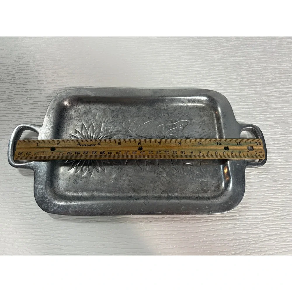 Vintage Hammered Aluminum Sunflower Serving Tray Platter with Handles S0069